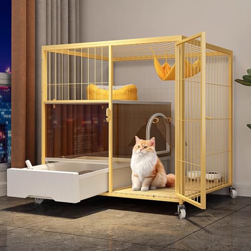 Hohe Katzenkäfige Indoor Groß für Katzen, Kaninchen, Frettchen, Kleintiere, mit Katzentoilette und Rädern, Holzplattform, Draht-Katzenkäfige von Generisch
