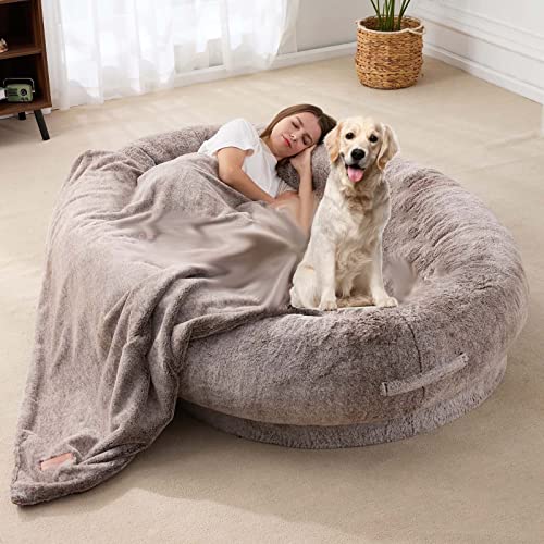 Hundebett in Menschengröße, waschbar, Kunstfell, orthopädisches Bett mit Decke, riesiges Sitzsack-Bett für Familien und Haustiere, orthopädisches Hundebett von Generisch