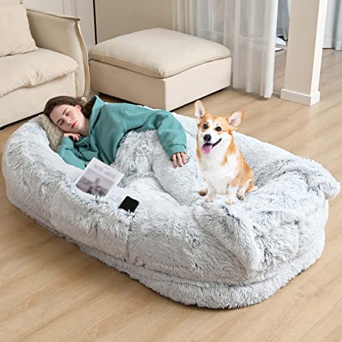 Hundebett in menschlicher Größe – waschbares orthopädisches Bett aus Kunstfell für Menschen, Nickerchen, riesiger Sitzsack mit Decke für Familien und Haustiere von Generisch