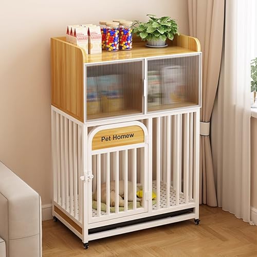 Hundebox Tisch mit Ablage aus gehärtetem Glas, multifunktionale Hundebox für den Innenbereich mit zweilagigen Ablagen und Selbstablagen für kleine und mittelgroße Hunde von Generisch