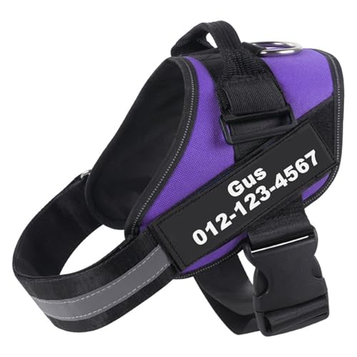 Hundegeschirr, kein Ziehen, mit Name und Telefonnummer, personalisierbar, atmungsaktiv, verstellbar, reflektierend, Oxford-Gewebe, kein Würgen, Haustierweste mit leicht zu kontrollierendem Griff (Lila von Generisch