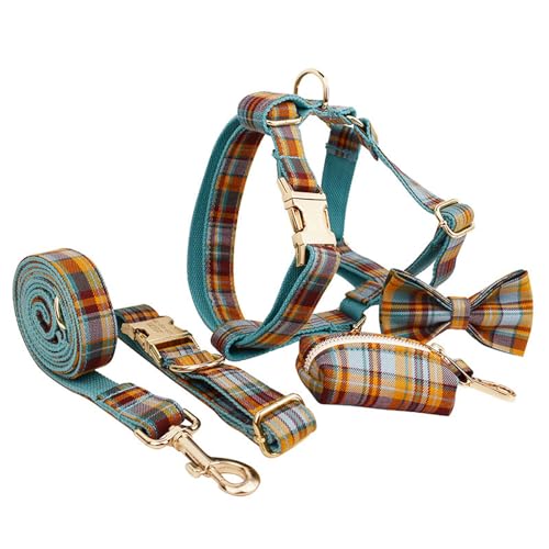 Hundegeschirr und Leine, kein Ziehen, verstellbare weiche Weste, ausbruchsicheres Design mit Fliege und Kotbeutel, klassisches Karomuster für kleine bis große Hunde von Generisch
