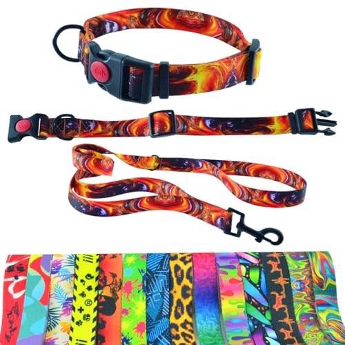 Hundehalsband und Leine 180cm für mittlere und große Hunde – Strapazierfähiges Polyester, robust mit D-Ring und doppeltem Griff (Halsumfang 42-55cm, Hot_Lava) von Generisch