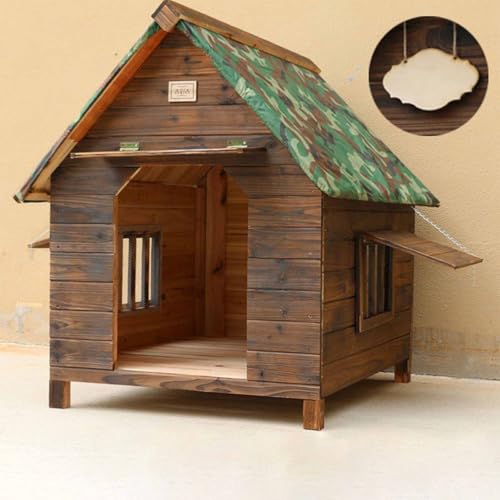 Hundehütte aus Holz mit aufklappbarem Dach, überdachter Veranda und 2 Fenstern – Wetterfeste Haustierhütte für den Außenbereich für bequemen Unterschlupf Hundehütte aus Holz mit aufklappbarem Dach, überdachter Veranda und 2 Fenstern – Wetterfeste Haustierhütte für den Außenbereich für bequemen Unterschlupf von Generisch