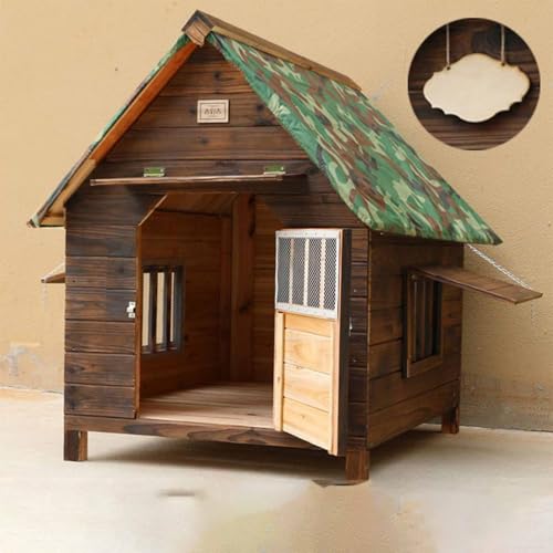 Hundehütte aus Holz mit aufklappbarem Dach, überdachter Veranda und 2 Fenstern – Wetterfeste Haustierhütte für den Außenbereich für bequemen Unterschlupf Hundehütte aus Holz mit aufklappbarem Dach, überdachter Veranda und 2 Fenstern – Wetterfeste Haustierhütte für den Außenbereich für bequemen Unterschlupf von Generisch