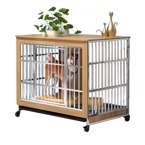 Hundekäfig-Möbel aus Holz mit Edelstahlrahmen, robuster moderner Beistelltisch mit Universalrollen und 360° Drehgelenk für freie Bewegung, ideal für mittelgroße und kleine Hunde von Generisch