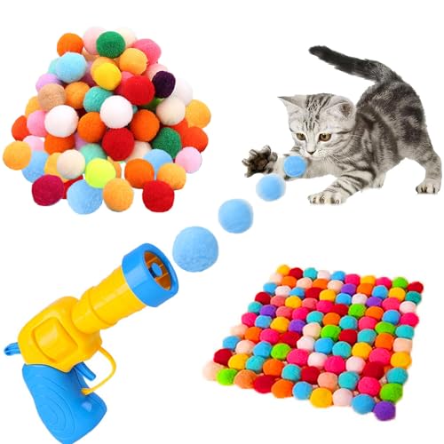 Interaktives Katzenspielzeug, Ballwerfer mit 100 weichen Bommelbällen, Katzenapportierspielzeug für Indoor-Übungen, Haustierjagd-Trainingsspielzeug von Generisch