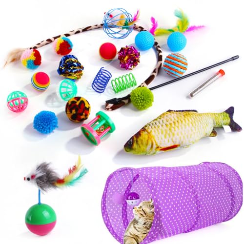 Interaktives Katzenspielzeug-Set – Plüschfische, Sisalmäuse, Haustiertunnel und Kauspielzeug zum Beißen, 23-teilig von Generisch
