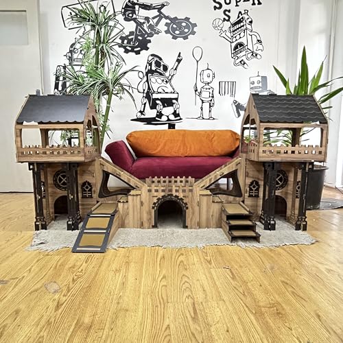 Kaninchenhaus aus Holz – 3 Etagen mit Terrasse & Brücke – Für bis zu 4 Kaninchen – Indoor Kleintierhaus – Mit Kissen – Einfacher Aufbau – Triplex Modell ROOFED City (Eiche – Schwarz, Standard) von Generisch