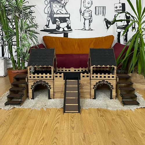 Kaninchenhaus mit Holzbrücke & Terrasse 2-stöckiges – Großes Spielhaus für bis zu 4 Kaninchenhaus – Handgefertigt aus Sperrholz (Eiche-Schwarz, N) von Generisch