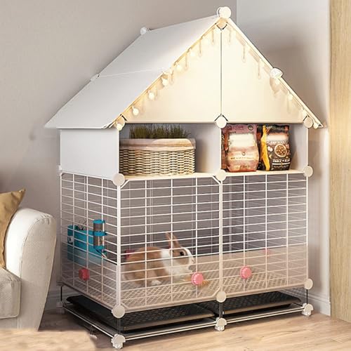 Kaninchenkäfig Indoor – Eiserner Hasenstall in Hausform Kleintierkäfig mit Stauraum, 75 x 39 x 102 cm, perfekt für den Innenbereich, niedliches Design in Rosa und Weiß von Generisch