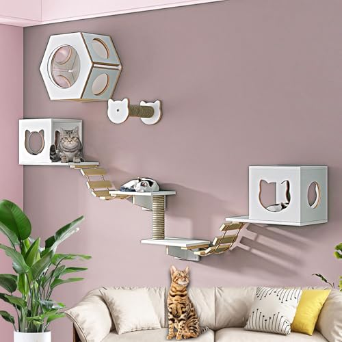 Katzen-Wandregale Set mit Kitty Haus, Stufen, Kratzbaum, Weiche Leiter - Platzsparende Klettermöbel für Indoor Katzen Katzen-Wandregale Set mit Kitty Haus, Stufen, Kratzbaum, Weiche Leiter - Platzsparende Klettermöbel für Indoor Katzen von Generisch