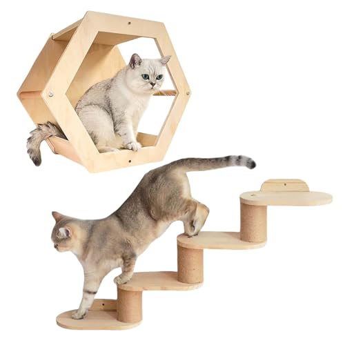 Katzen-Wandregale - Wandmontiertes Kletterregal mit Naturkautschukholz und Jute Kratzbaum, Sitzstange Plattform für Katzen, Katzenmöbel Katzen-Wandregale - Wandmontiertes Kletterregal mit Naturkautschukholz und Jute Kratzbaum, Sitzstange Plattform für Katzen, Katzenmöbel von Generisch