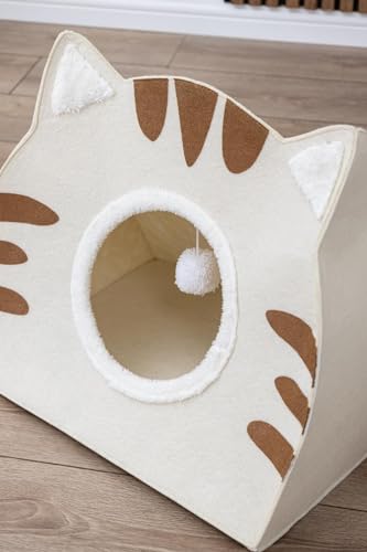 Generisch Katzenhaus mit Katzenohren & Spielball – Waschbares Katzenbett, Katzenhöhle & Kuschelbett mit Streifen-Design für Katzen und kleine Hunde, Beige (44x50x34 cm, Baumwollmischung) von Generisch