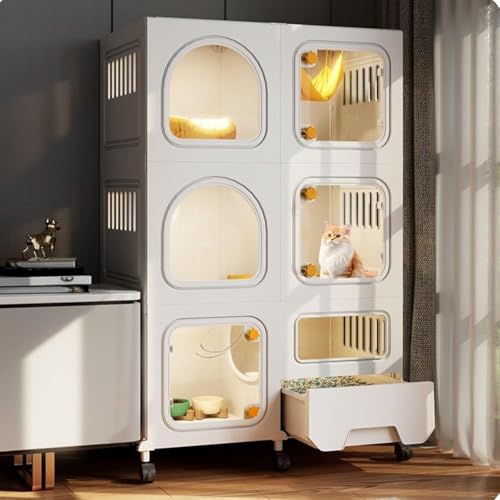 Katzengehege Indoor mit Katzentoilette, 3-stöckiges DIY Katzenlaufstall mit Rädern, Abnehmbares Kleintierhaus für den Heimgebrauch - Einfache Montage von Generisch