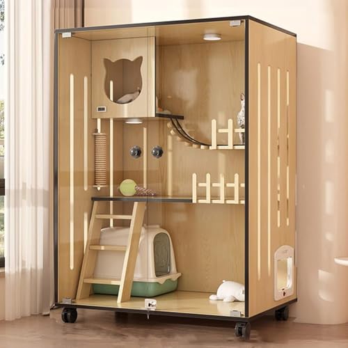 Katzengehege aus Holz mit Fluchttüren und Rollen, multifunktionales Katzenhaus für drinnen und draußen, für Zuhause und Tiergeschäfte von Generisch
