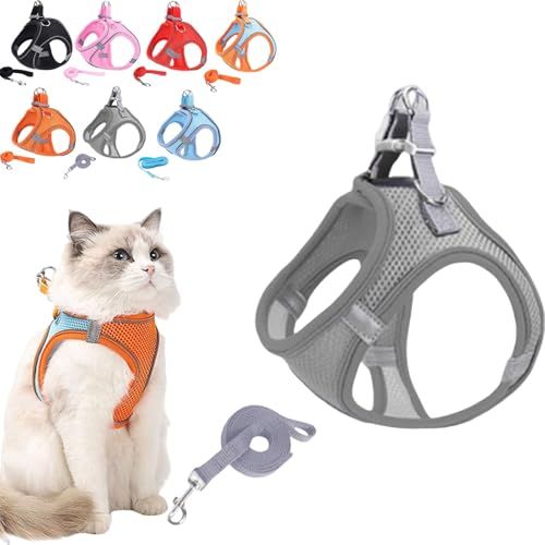 Katzengeschirr Design für Katzen im Freien, verstellbares weiches Netzgewebe mit reflektierenden Sicherheitsstreifen, damit Katzen sicher und stressfrei sind, ausbruchsicher (Grau, M (empfohlen 10-18 von Generisch