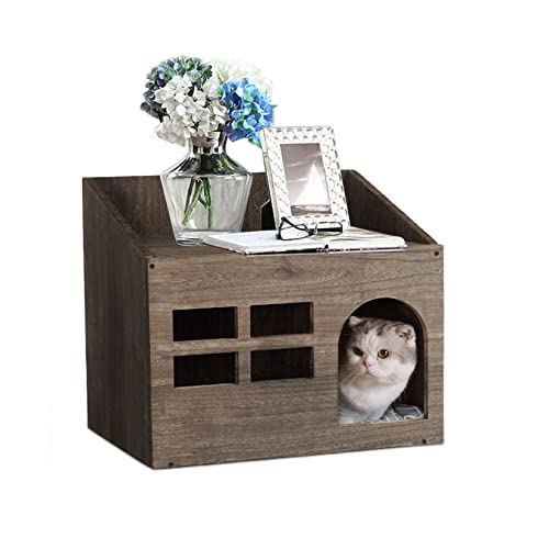 Katzenhaus aus Holz mit geschlossener versteckter Hundehütte, Haustiermöbel für Katzen, Beistelltisch mit Türfenster und waschbarem Kissen Katzenhaus aus Holz mit geschlossener versteckter Hundehütte, Haustiermöbel für Katzen, Beistelltisch mit Türfenster und waschbarem Kissen von Generisch
