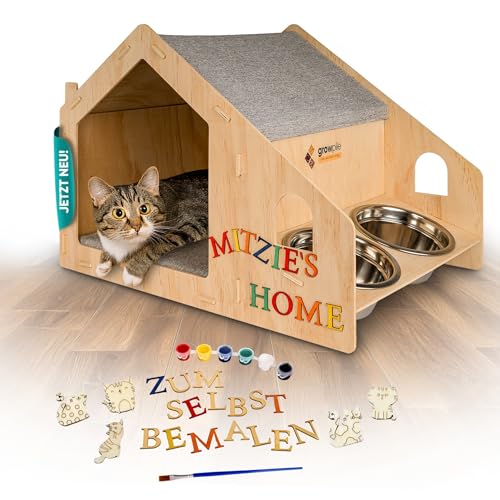 Katzenhaus von growpile aus hochwertigem Kiefernholz mit 2 Trinkschalen aus Edelstahl, Katzenhöhle Indoor, mit Buchstaben zum selbst bemalen und bekleben, incl. Acrylfarben von Generisch