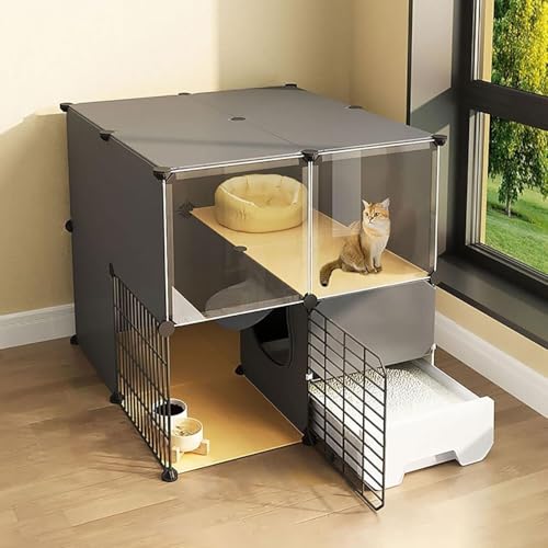 Katzenkäfig Indoor mit Katzentoilette - 2/3 Etagen Katzenlaufstall Gehege für Kleintiere - Ideal für 1-3 Katzen - Schwarz von Generisch