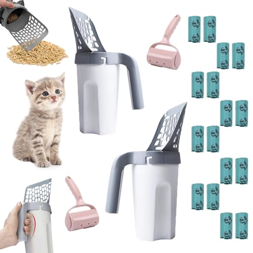 Katzenstreuschaufel mit Tasche und Halter, keine Berührung Katzentoilettenschaufel mit Abfallkanne und Nachfüllungen, Katzensandschaufel, Müllpflücker für die Hausreinigung (2 Stück + 16 Rollen von Generisch