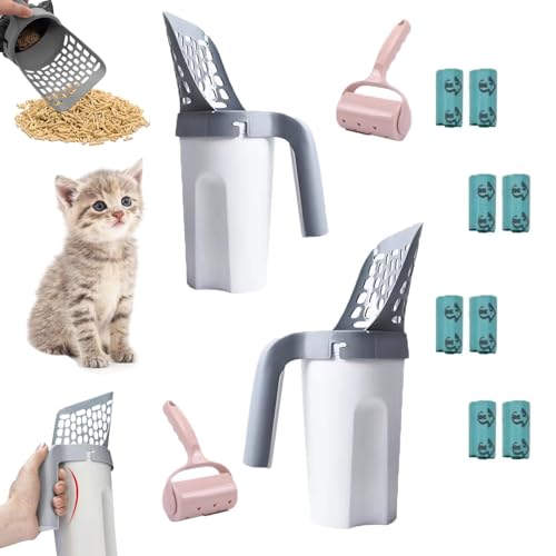 Katzenstreuschaufel mit Tasche und Halter, keine Berührung Katzentoilettenschaufel mit Abfallkanne und Nachfüllungen, Katzensandschaufel, Müllpflücker für die Hausreinigung (2 Stück + 8 Rollen von Generisch