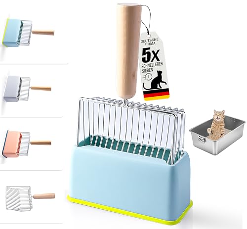 PQTETRA Katzenstreuschaufel aus Metall – 5X Schneller Feinsieb, Tiefe Katzenschaufel mit Holzgriff, Katzenklo Schaufel für Staubfrei & Hygienische Reinigung ohne Stress, Kein Schütteln nötig von PQ TETRA