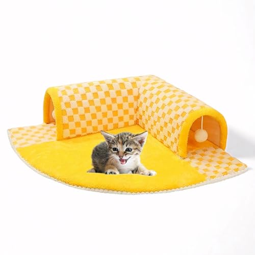 Katzenteppich Tunnelbett, 2 in 1 Weicher Katzentunnel mit Plüschball, Faltbares, waschbares Katzenbett für Indoor-Katzen, Kätzchen & Welpen (Gelb) von Generisch