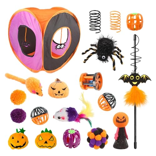 Katzentunnel-Spielzeugset, Katzentunnel für Hauskatzen - Halloween-Katzentunnel-Spielzeugset,Interaktives Federball-Federspielzeug, Katzenwürfel, faltbarer quadratischer Halloween-Tunnel für Katzen un von Generisch