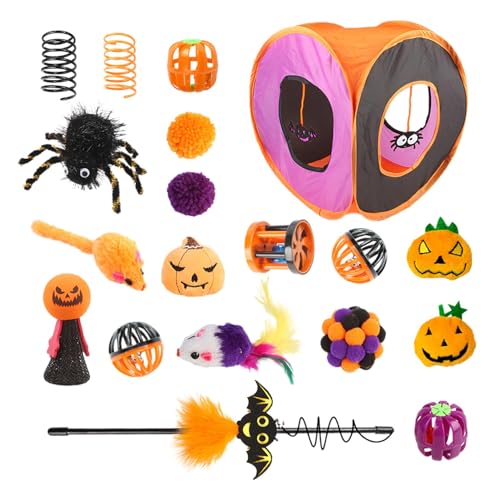 Katzentunnel für Hauskatzen, Katzenspielzeug für den Innenbereich, Süßes Katzenspieltunnelspielzeug, Halloween faltbares Katzenwürfel-Tunnelspielzeug, interaktives Spielzeugset, Federfeder-Ballspielze von Generisch