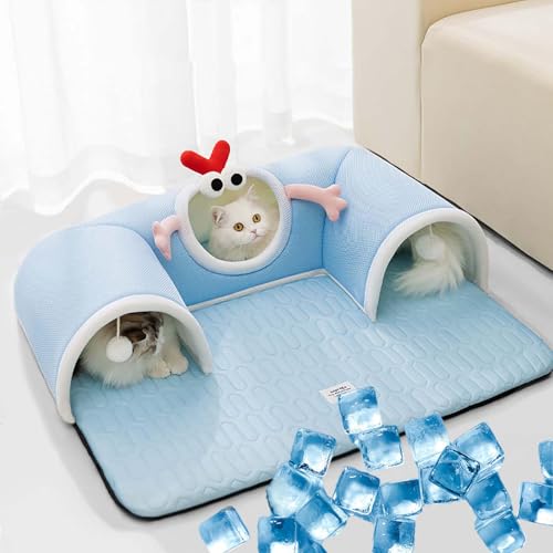 Katzenversteck-Tunnel mit Sommerbett für Katzen – 3 Höhlen Kleintier-Tunnel Spielzeug Höhle, 2-in-1 Katzenhöhle & Kühles Katzenbett – Abnehmbar & Waschbar – Für Wohnungskatze (Blue, M) von Generisch
