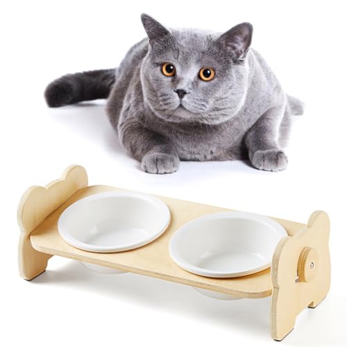 Keramik-Katzennapf mit Holzständer, rutschfest, abnehmbar, halsfreundlich, universeller Doppelnapf für Haustiere von Generisch