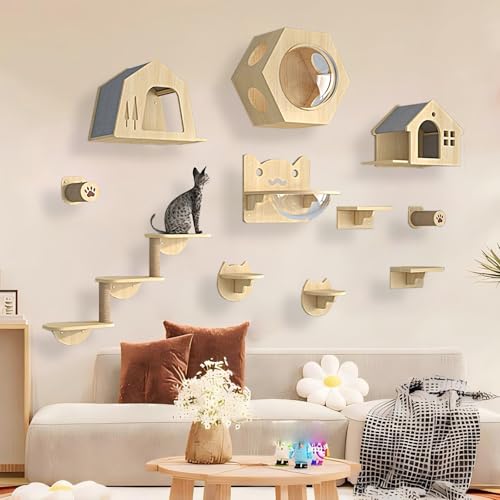 Kratzbaum zur Wandmontage, mit Kletterstufen, große Holzregale für Indoor-Katzen, platzsparende Ecksitzstangen von Generisch