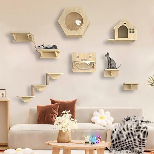 Kratzbaum zur Wandmontage, mit Kletterstufen, große Holzregale für Indoor-Katzen, platzsparende Ecksitzstangen von Generisch