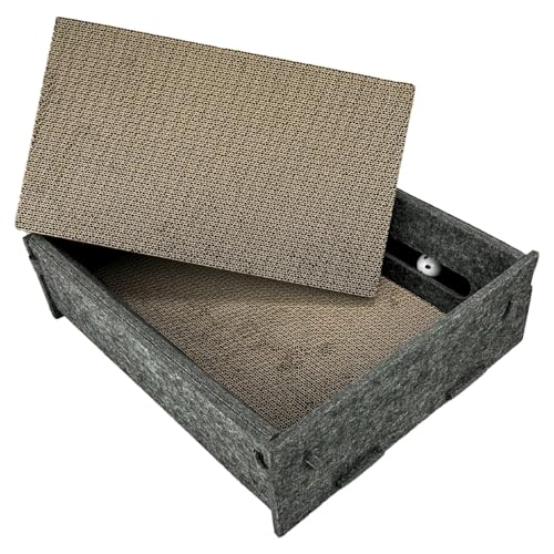Kratzbox für Katzen aus Filz mit wendbarer Kratzpappe (2 STK.) und integriertem Katzenspielzeug - platzsparende Alternative zum Kratzbaum (Grau) von Generisch
