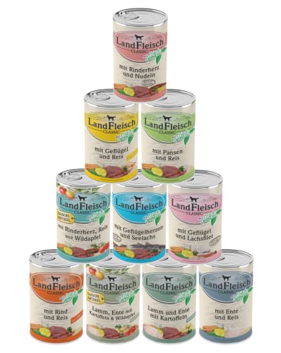 Landfleisch Classic 10 x 400g | Garantierter 10-Sorten-Mix | Mit hochwertigem Fleisch, Rapsöl (Omega-3 & 6), ohne Gluten, Zucker, GVO & Soja | Nassfutter für Hunde von Generisch