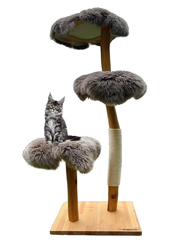 MAU Katzen Kratzbaum, 150 cm Natur Holz - Modell: Bengal mit Liegemulde - nachhaltig, stabil & für ALLE Katzenrassen inkl. Maine Coon (Kunstfell dunkelgrau) von Generisch