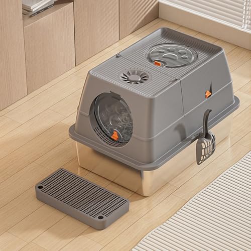 Metall-Katzentoilette mit abnehmbarem Deckel, Edelstahl-Katzentöpfchen mit Klappdeckel, Katzentoilette mit Katzenstreu und Pedal, geschlossener Vordereingang, oberer Ausgang, hohe Seiten von Generisch