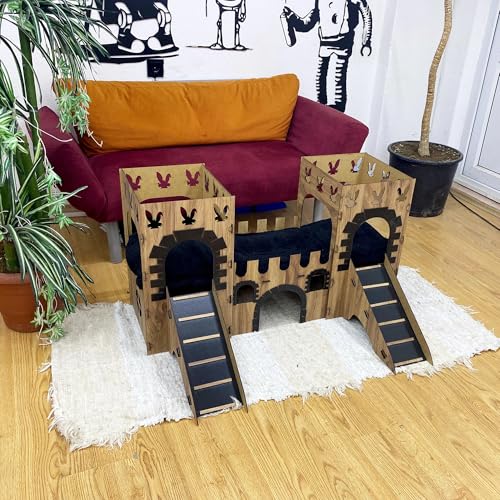 Modernes Kaninchenschloss mit Terrasse & Holzbrücke – 2-stöckiges großes Hasenhaus aus Sperrholz – Handgefertigte Kaninchenburg für bis zu 4 Kaninchen (Eiche-Schwarz, N) von Generisch