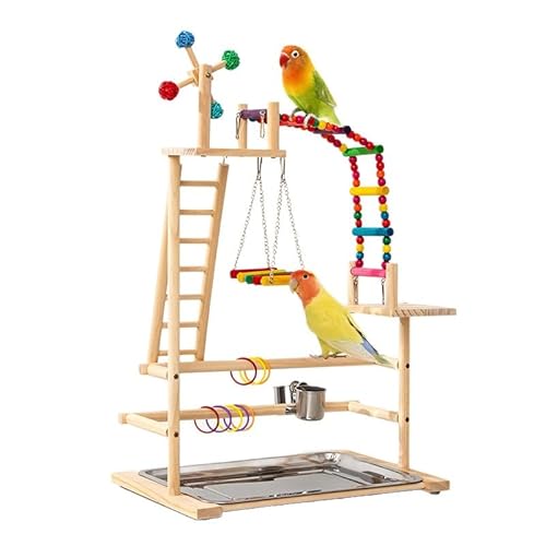 Multifunktionaler Vogel-Spielplatz, Vogel-Sitzstange, Spielzeug, Naturholz, Spielplatz mit Futterstation, Schaukel, Kletterleiter und Tablett, Papageienkäfig, Zubehör für Sittiche, Lovebirds Finken von Generisch