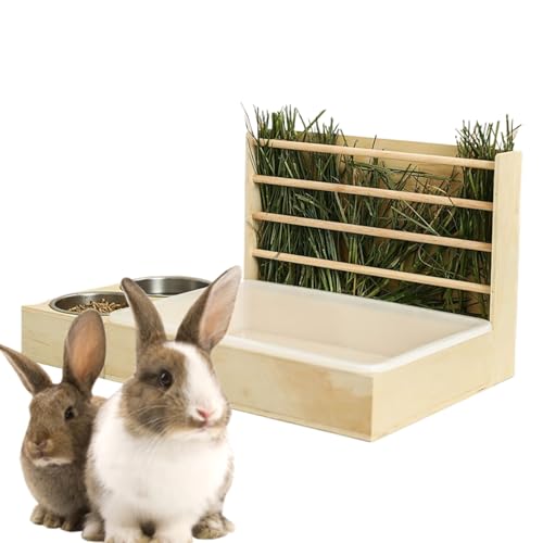 Multifunktionales Haustiergehege aus Holz mit drei Fächern, Heu-Futterstation / Katzentoilette / Futterzone für Kaninchen, Hühner, Hamster, natürliches kausicheres Material mit Abfallbehälter von Generisch