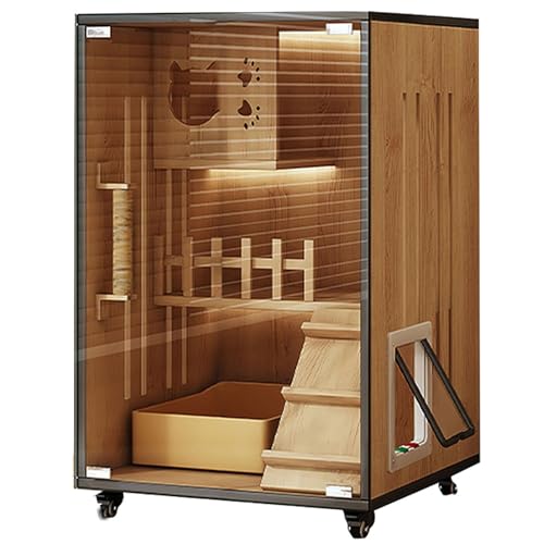Multifunktionales Katzenhaus mit Kratzbaum und Rädern, LED beleuchtetes Luxus-Holzgehege für den Innen- und Außenbereich, Fluchttür-Design für Kätzchen Komfort Multifunktionales Katzenhaus mit Kratzbaum und Rädern, LED beleuchtetes Luxus-Holzgehege für den Innen- und Außenbereich, Fluchttür-Design für Kätzchen Komfort von Generisch