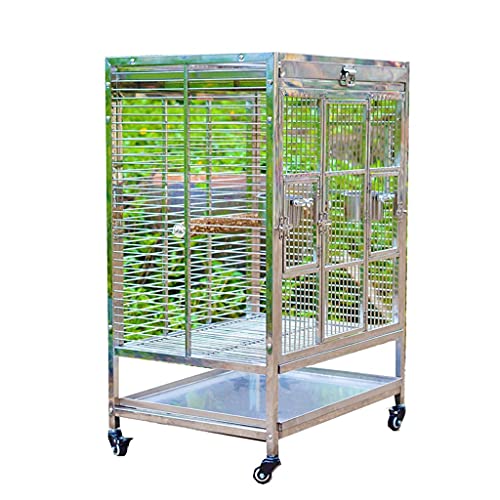 Papageienkäfig aus Edelstahl mit Holzständer - Geräumiges Design für große Vögel, inklusive Bodenrolle und Futterbechern für einfache Fütterung und Mobilität von Generisch