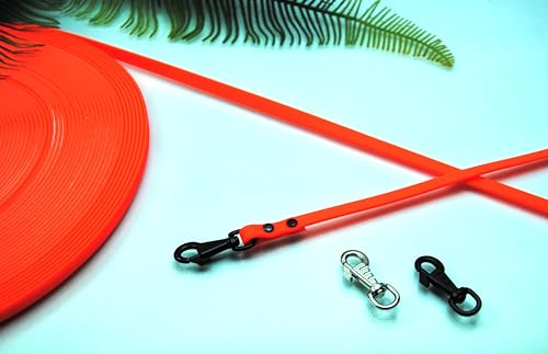 Petite Soft-Vinyl Hundeleine10mm Neon-Orange abwischbar Schleppleine Gummi Welpen (15m ohne Schlaufe, Karabiner: Deluxe Schwarz) von Generisch