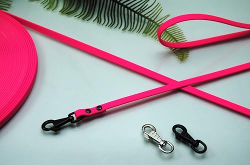 Petite Soft-Vinyl Hundeleine10mm Neon-Pink abwischbar Schleppleine Gummi Welpen (20m mit Schlaufe, Karabiner: Deluxe Silber) von Generisch