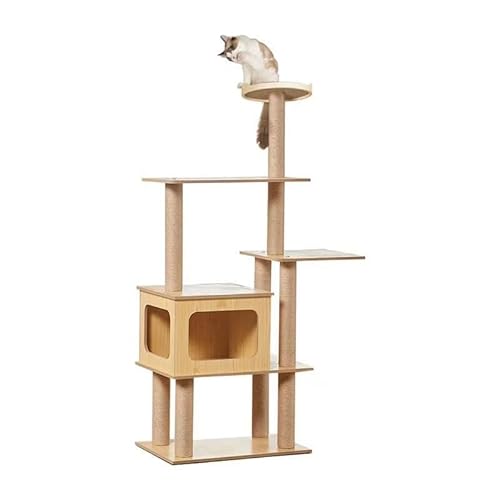Premium Katzenhaus mit Kratzbaum, Beige - 135 cm hoher Katzenbaum für den Innenbereich, 37 x 57 cm Basis, mehrstöckige Wohnanlage zum Klettern, Ausruhen & Spielen von Generisch
