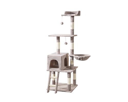 Premium Katzenhaus mit Kratzbaum, Grau - 150 cm hoher Katzenbaum Turm, 50x50 cm Basis, mehrstöckiger Indoor-Spielplatz für Katzen von Generisch
