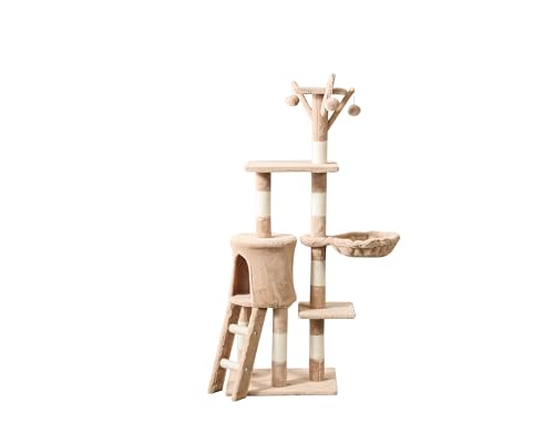 Premium Katzenhaus mit Kratzbaum - Beige Indoor Katzenturm 34x48x138cm - Mehrstöckiger Kratzbaum zum Klettern, Schlafen und Kratzen von Generisch