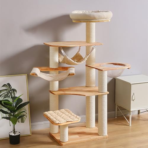 Premium Kratzbaum aus massiver Eiche - Integriertes Klettergerüst mit Nest & Kratzbäumen (Naturholz) (140 cm) von Generisch