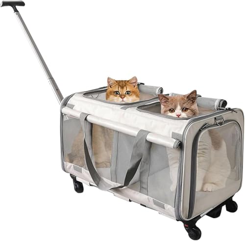 Rollende Katzentrage mit Rollen für 2 Katzen, Doppel-Katzentrage mit Rollen, Doppel-Fach, faltbare Haustier-Tragetasche für 2 kleine Katzen und Hunde, Reisen/Wandern/Camping, Grau von Generisch
